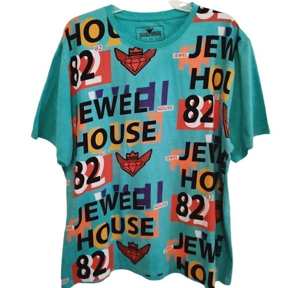 Jewel House Men's Tee Shirt Size 2XL Turquoise with Multicolored Graphics - Picture 1 of 5